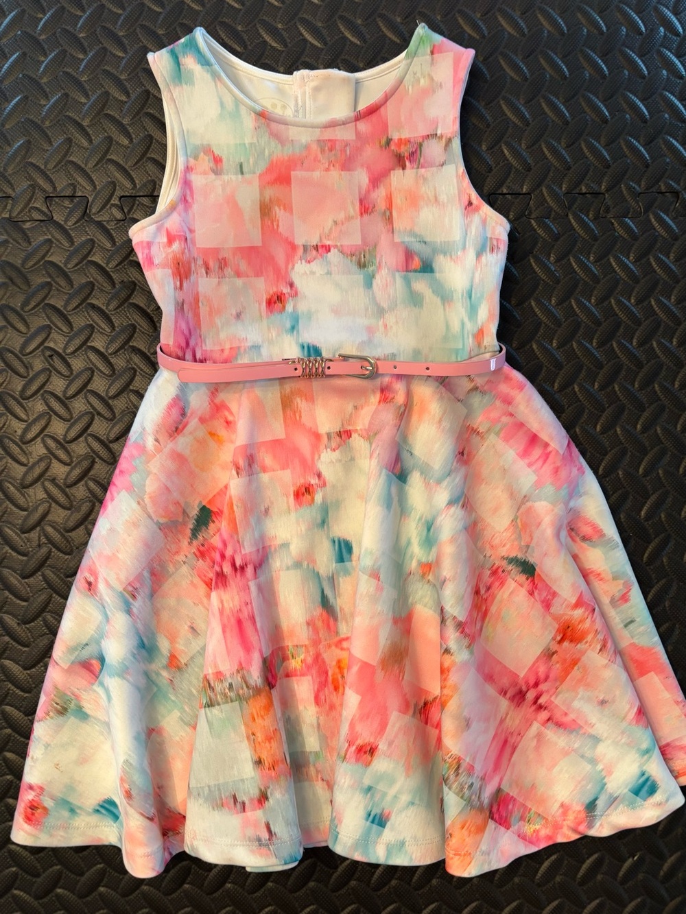 Girls Pink & Blue Watercolor Fit-and-Flare Dress with Belt, Size 7.